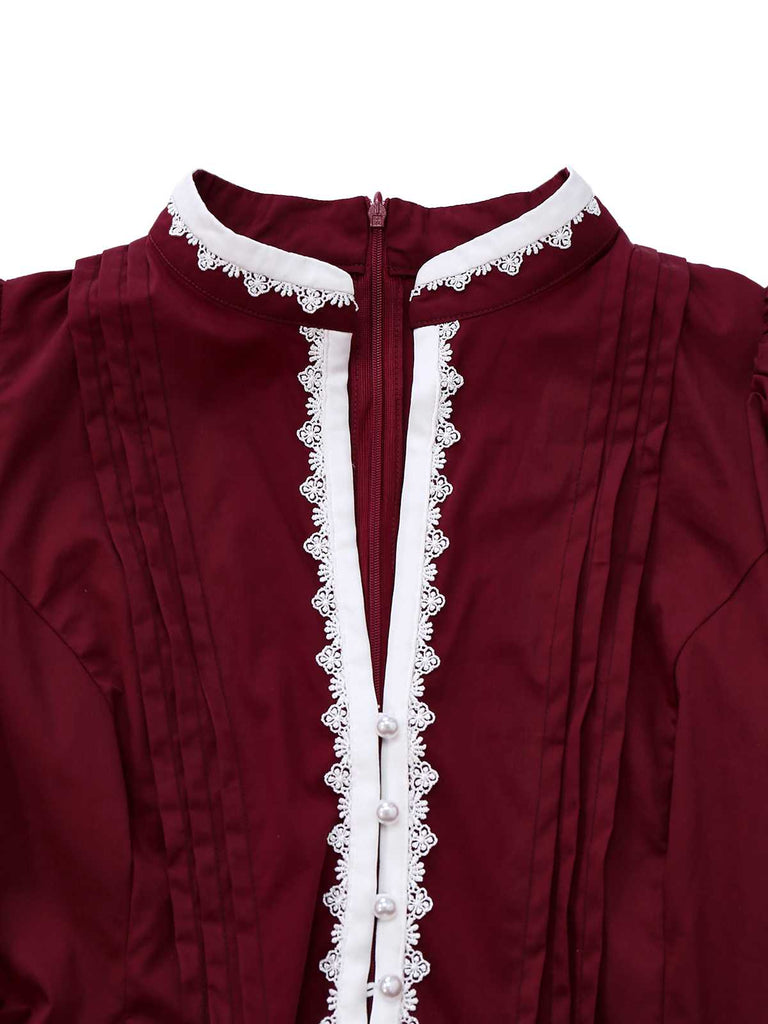 [Vorverkauf] Weinrot 1930er Viktorianisch Spitze Langarm Kleid