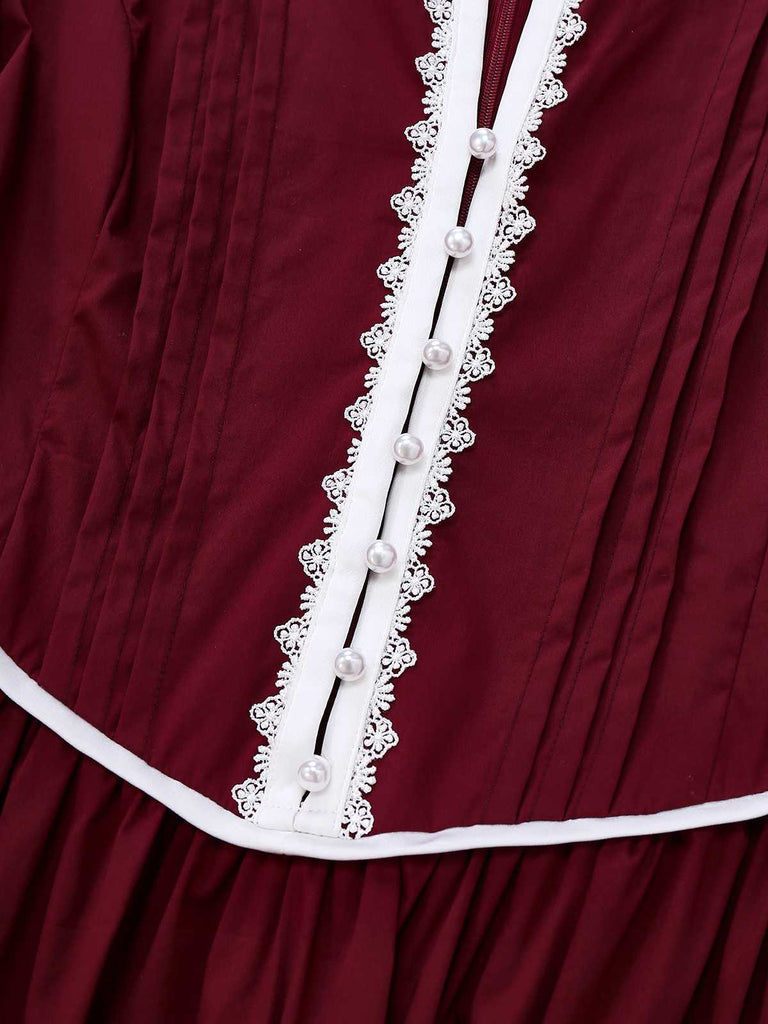 [Vorverkauf] Weinrot 1930er Viktorianisch Spitze Langarm Kleid