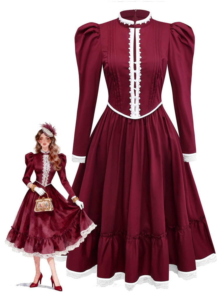 [Vorverkauf] Weinrot 1930er Viktorianisch Spitze Langarm Kleid