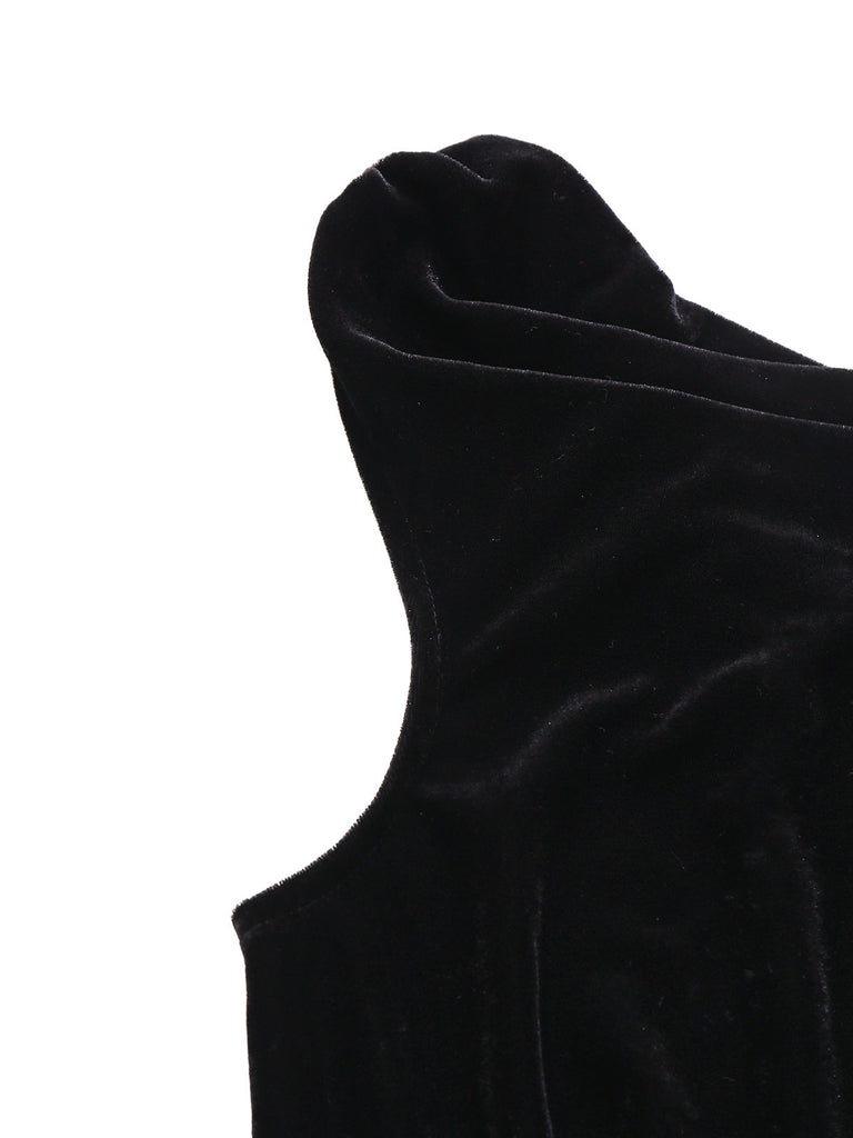 [Vorverkauf] Schwarz 1930er Samt Wasserfallausschnitt Federbrosche Kleid