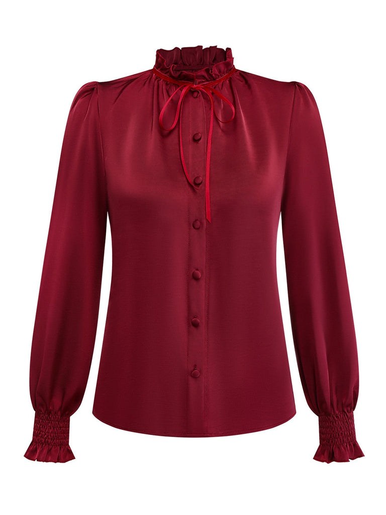 [Vorverkauf] 2PCS Rot 1940er Krawattenhals Bluse & Plaid Rock