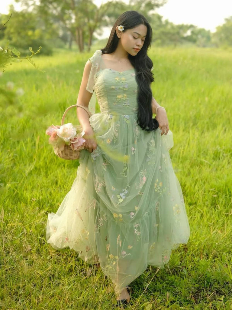Grün 1930er Schulterkrawatte Stickerei Blumen Netz Kleid