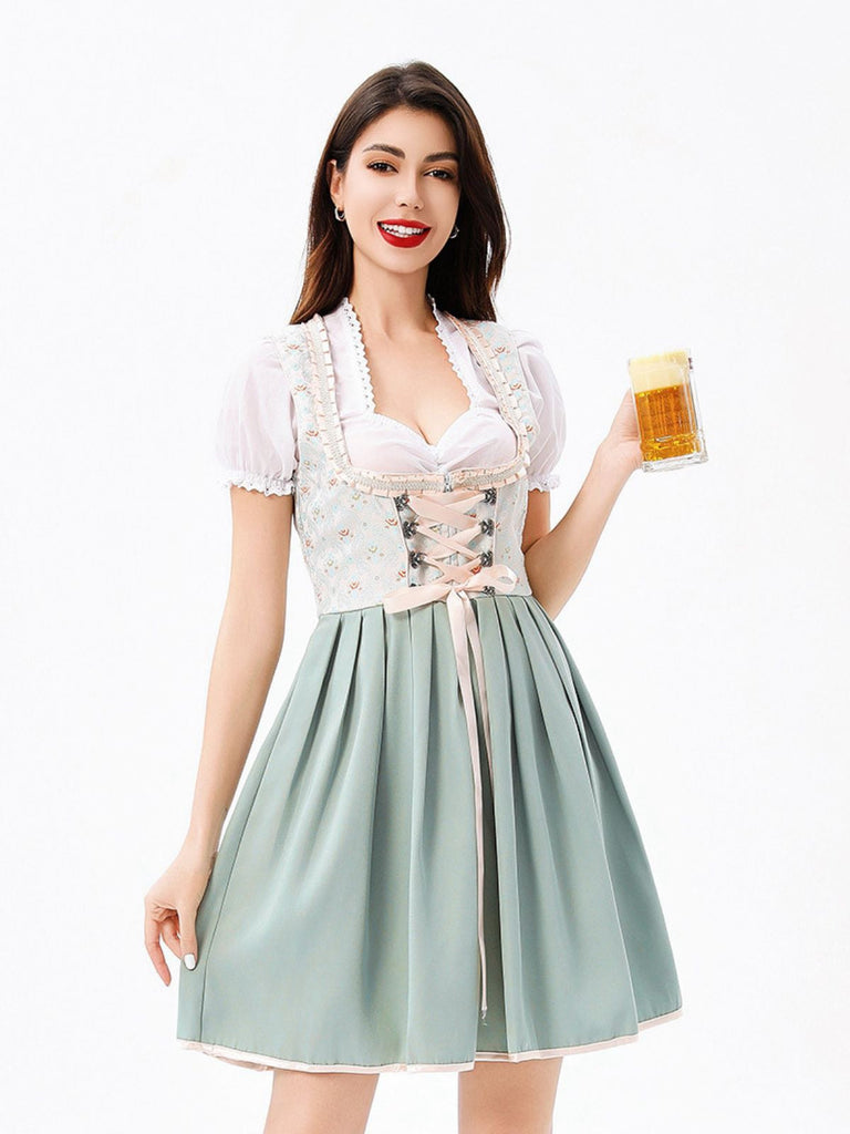 3PCS Grün 1950er Oktoberfest Top & Quadratischer Hals Blumen Kleid