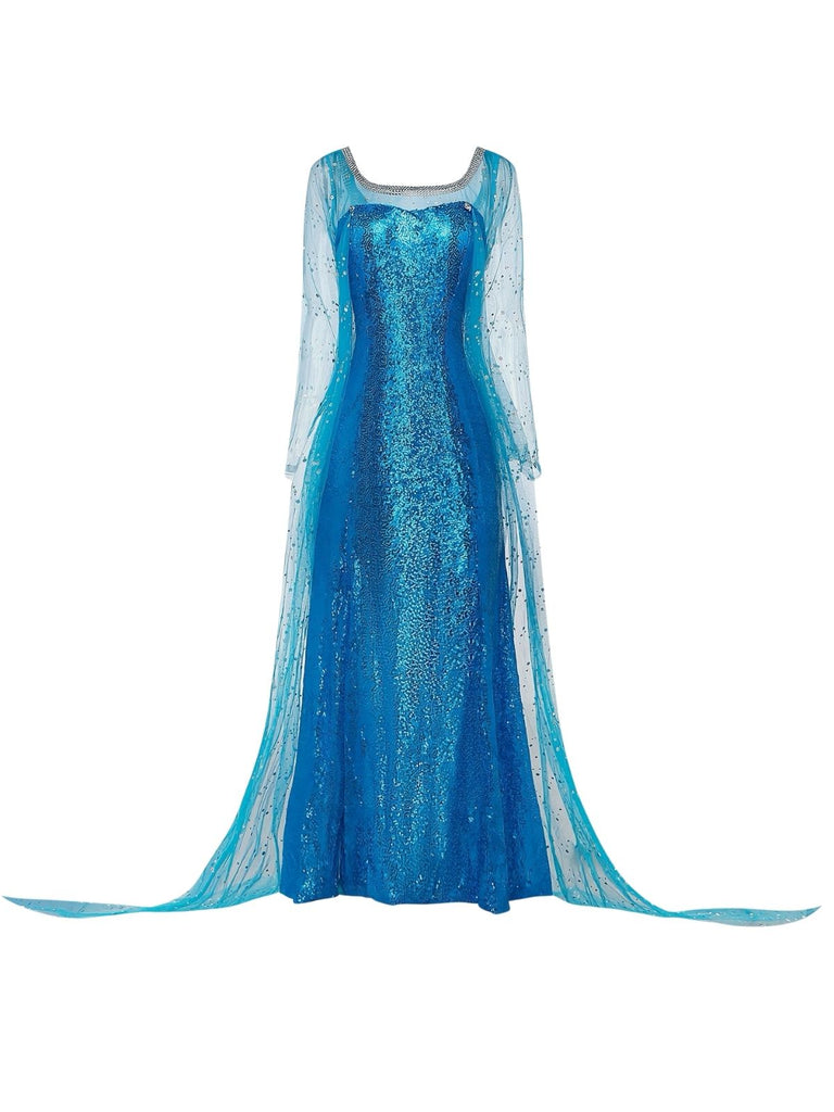 Blau 1970er Solide Pailletten Elsa Cape & Kleid