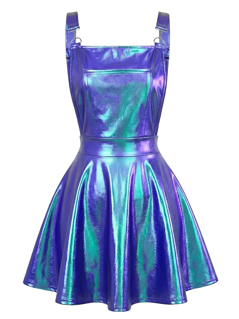 Schwarz 1970er Metallisch Holographic Suspender Kleid