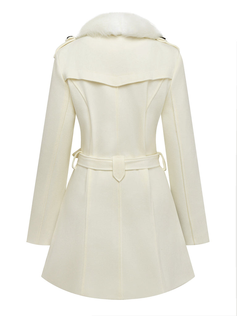 Weiß 1940er Abnehmbar Kunstpelz Kragen Schaltflächen Mantel