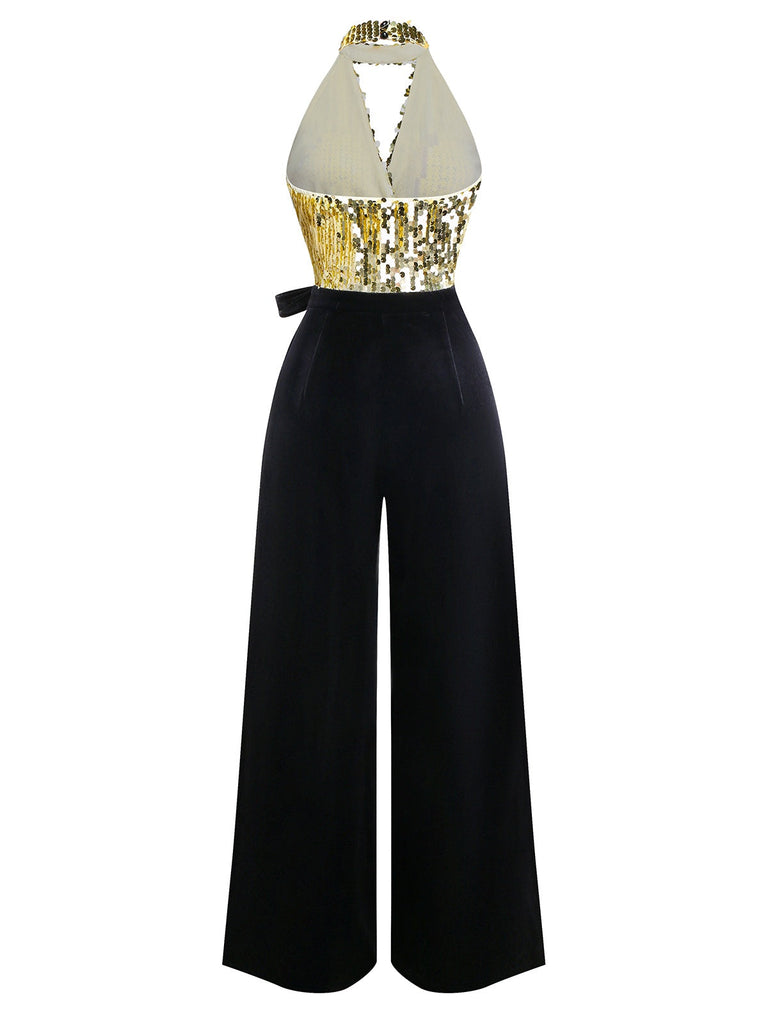 [Vorverkauf] Gold 1930er Pailletten Samt Schlüsselloch Halter Jumpsuit