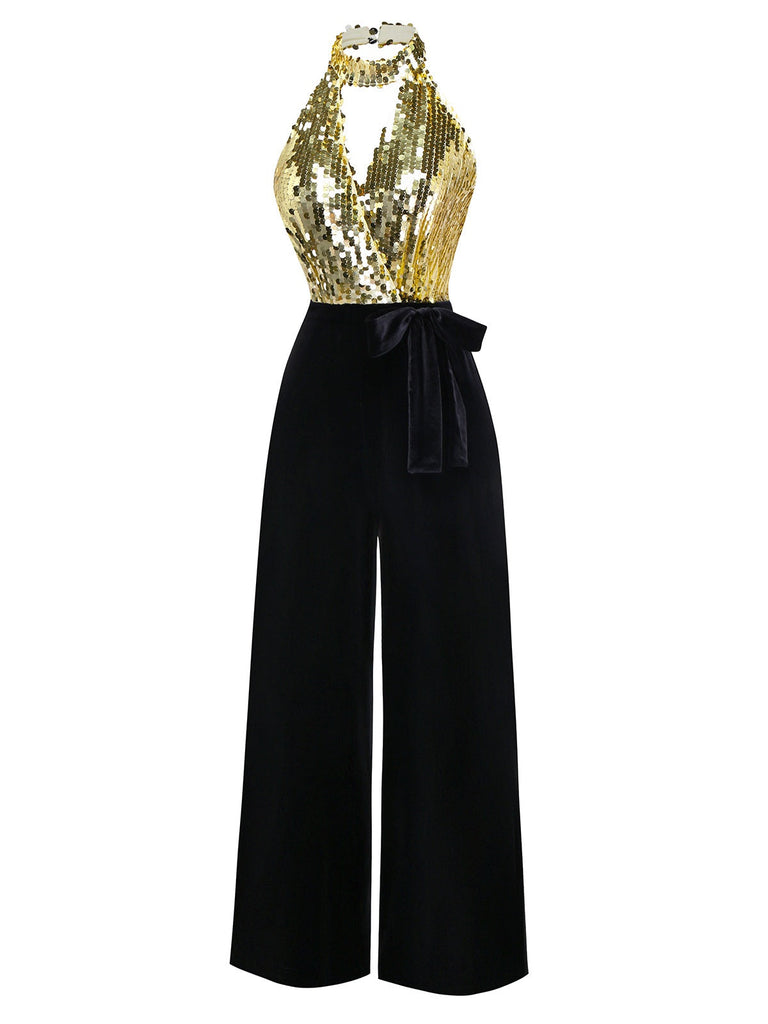 [Vorverkauf] Gold 1930er Pailletten Samt Schlüsselloch Halter Jumpsuit