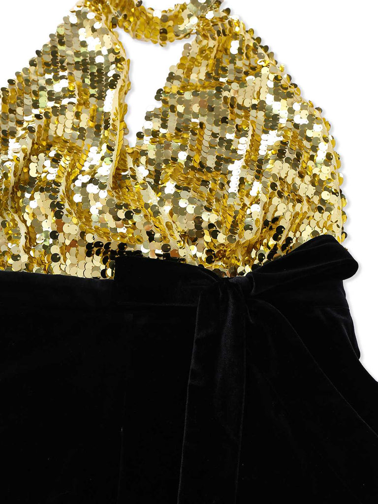 [Vorverkauf] Gold 1930er Pailletten Samt Schlüsselloch Halter Jumpsuit
