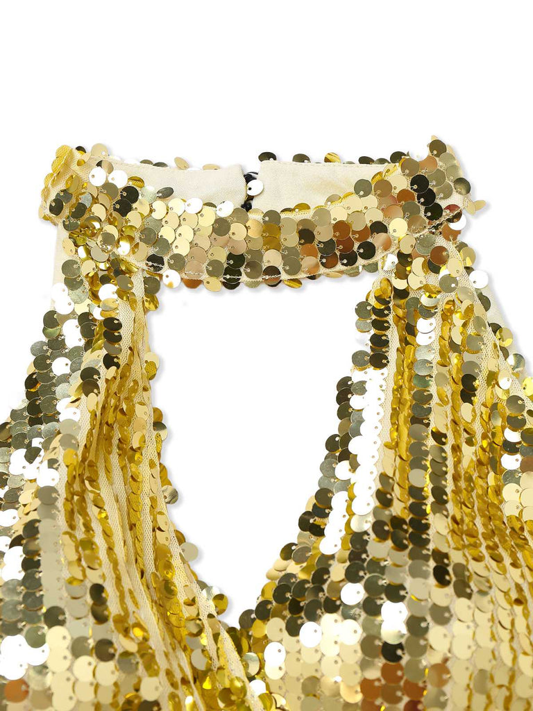 [Vorverkauf] Gold 1930er Pailletten Samt Schlüsselloch Halter Jumpsuit