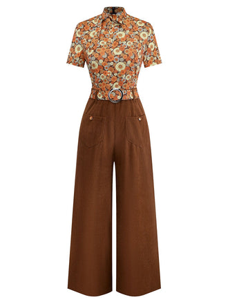 Orange 1970er Gänseblümchen Cord Krawattenhals Jumpsuit