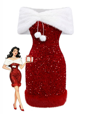 [Vorverkauf] 2PCS Rot 1970er Samt Pailletten Kleid & Kunstpelz Schal