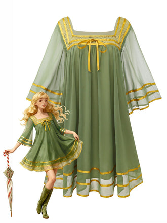 [Vorverkauf] Grün & Gold 1970er Transparenter Glockenärmel Kleid