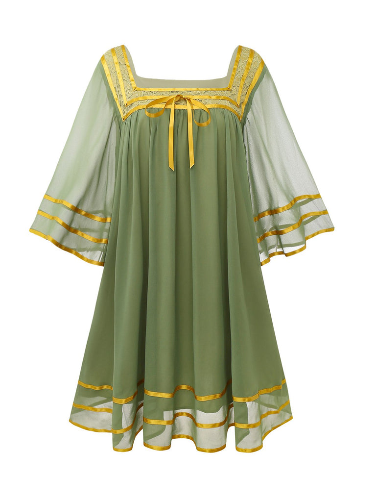 [Vorverkauf] Grün & Gold 1970er Transparenter Glockenärmel Kleid