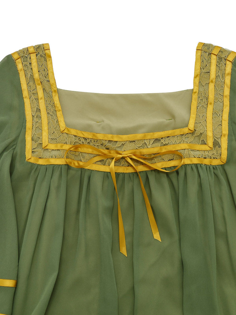 [Vorverkauf] Grün & Gold 1970er Transparenter Glockenärmel Kleid