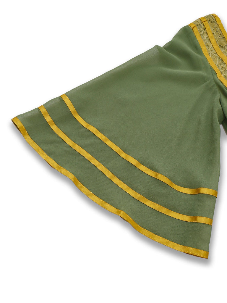 [Vorverkauf] Grün & Gold 1970er Transparenter Glockenärmel Kleid