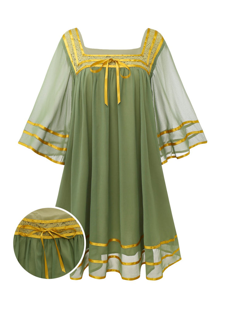 [Vorverkauf] Grün & Gold 1970er Transparenter Glockenärmel Kleid