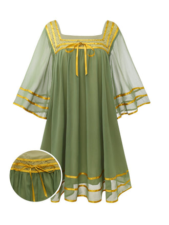 [Vorverkauf] Grün & Gold 1970er Transparenter Glockenärmel Kleid