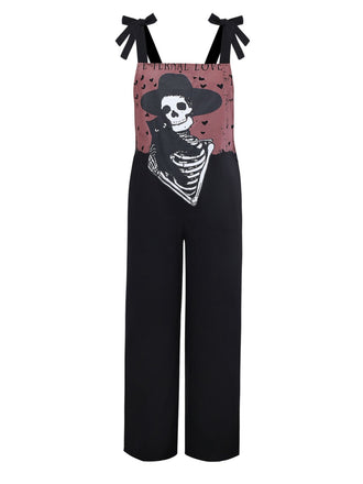 Schwarz 1970er Halloween Gothic Skeleton Straps Jumpsuit