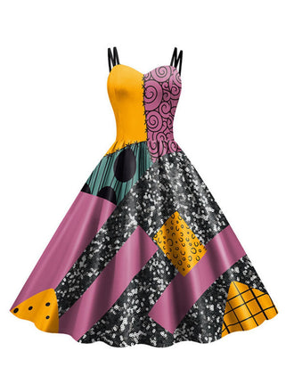 Rosa & Schwarz 1950er Nightmare Before Christmas Sally Farbblock Kleid