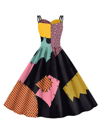 [Vorverkauf] Schwarz 1950er Nightmare Before Christmas Sally Farbblock Kleid