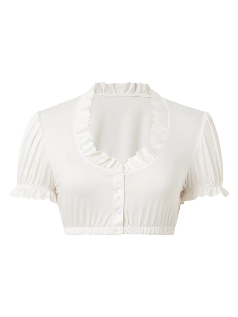 Weiß 1950er Oktoberfest Gerüschtes Puffärmel Crop Bluse