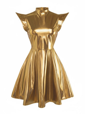 Gold 1980er Metallisch Futuristisch Party Mini Kleid
