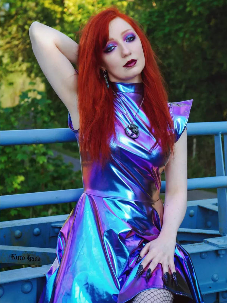 Blau Alien Kostüm 1980er Metallisch Futuristisch Party Mini Kleid