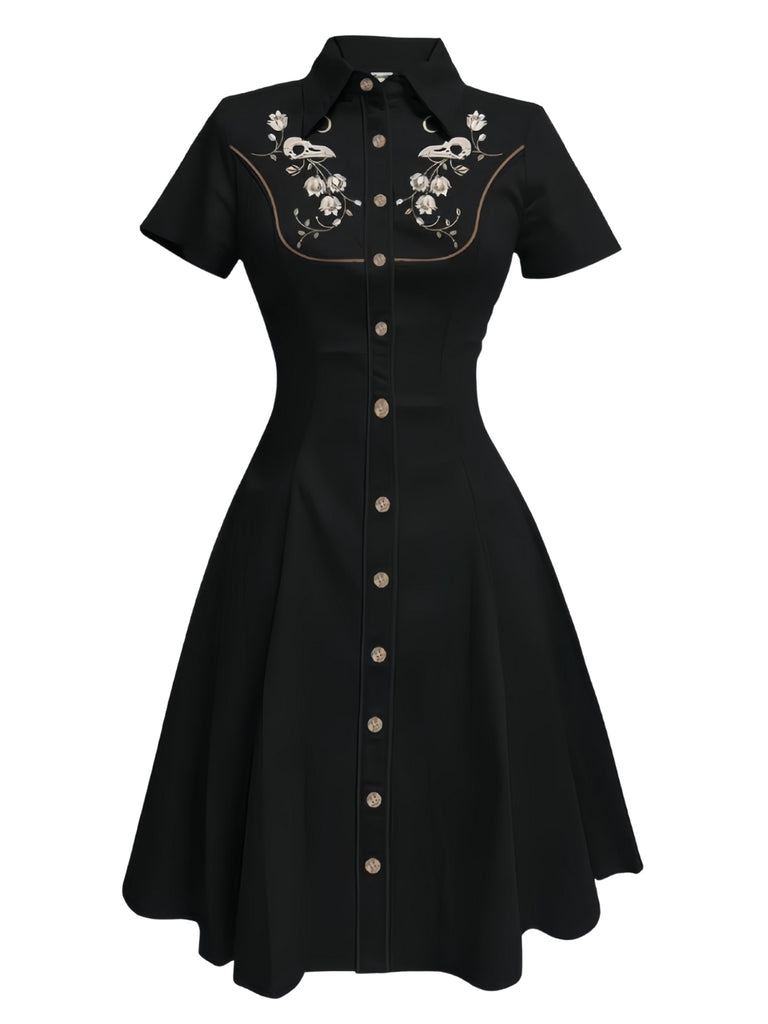 [Vorverkauf] Schwarz 1940er Baumwolle Blumen Besticktes Westlicher Stil Kleid