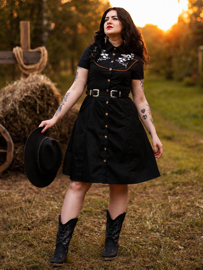 Schwarz 1940er Baumwolle Blumen Besticktes Westlicher Stil Kleid