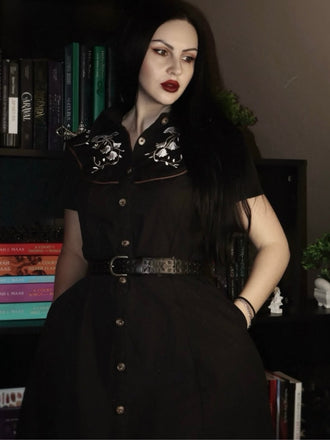 Schwarz 1940er Baumwolle Blumen Besticktes Westlicher Stil Kleid