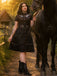 Schwarz 1940er Baumwolle Blumen Besticktes Westlicher Stil Kleid