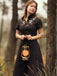 Schwarz 1940er Baumwolle Blumen Besticktes Westlicher Stil Kleid