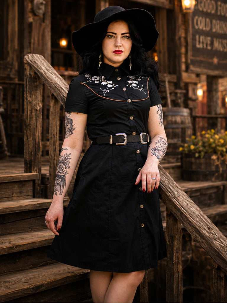 Schwarz 1940er Baumwolle Blumen Besticktes Westlicher Stil Kleid