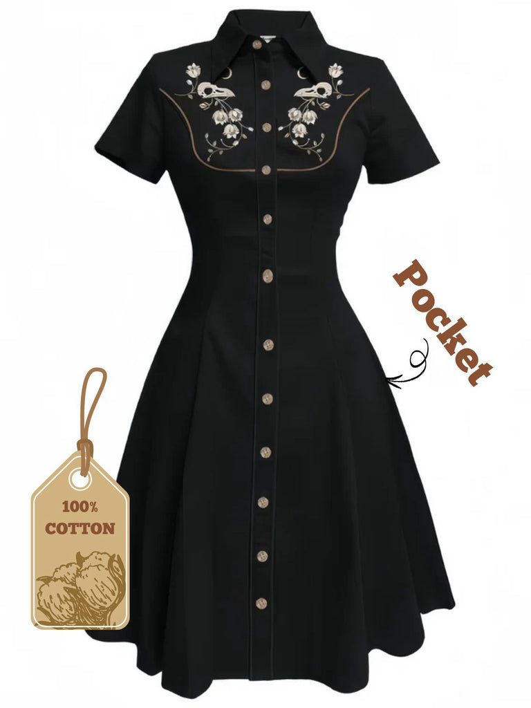 [Vorverkauf] Schwarz 1940er Baumwolle Blumen Besticktes Westlicher Stil Kleid