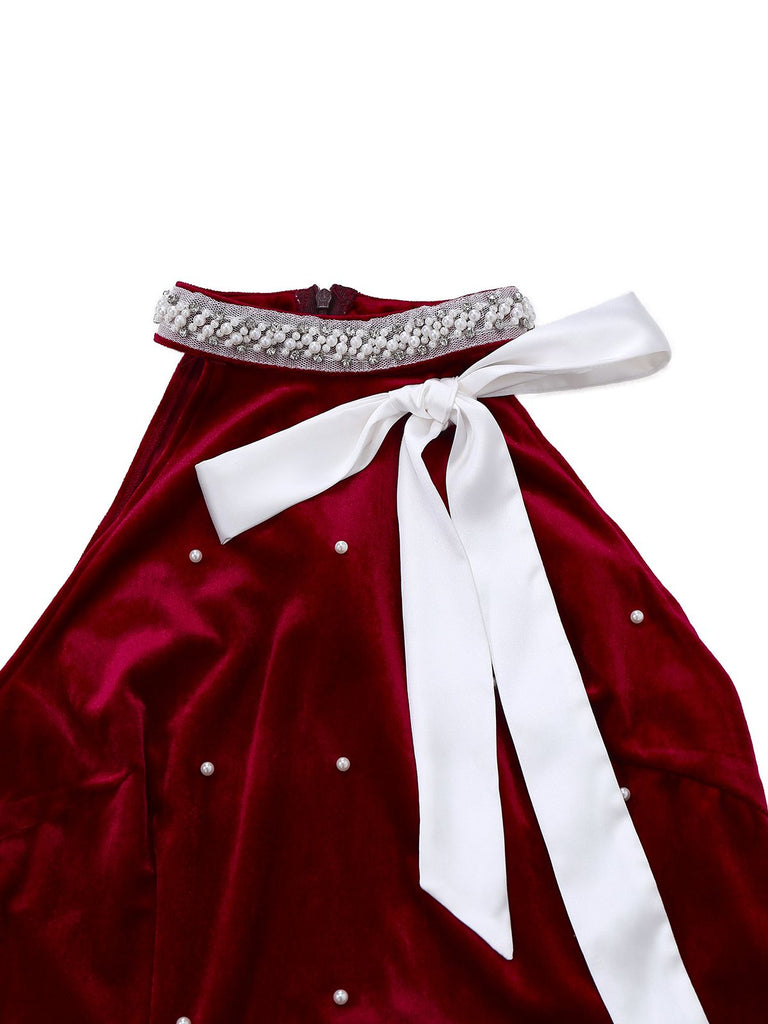 [Vorverkauf] Rot 1960er Weihnachten Perlen Bogen Samt Kleid