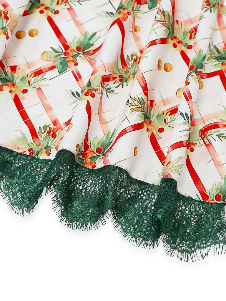 [Vorverkauf] Grün 1950er Weihnachten Stechpalmenblatt Pelzkragen Schulterfrei Kleid