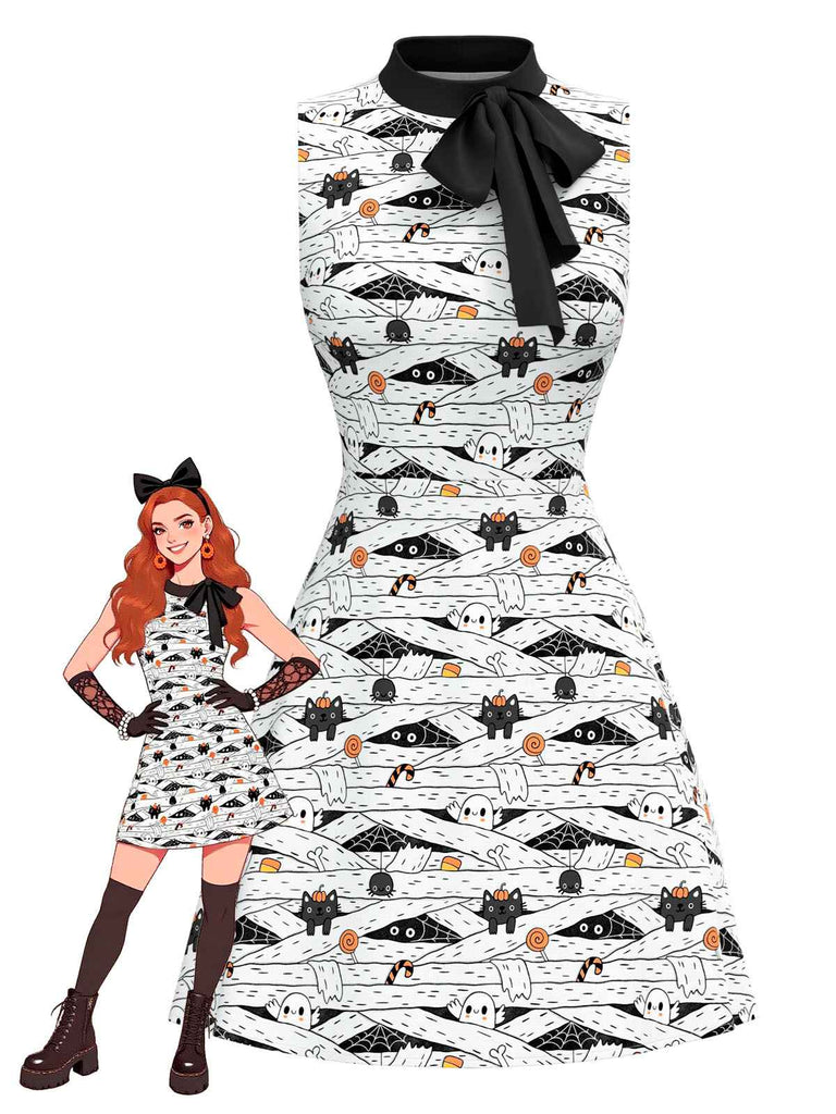 [Vorverkauf] Weiß & Schwarz 1960er Katze Drucken Bogen Nacken Kleid