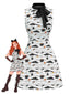 [Vorverkauf] Weiß & Schwarz 1960er Katze Drucken Bogen Nacken Kleid