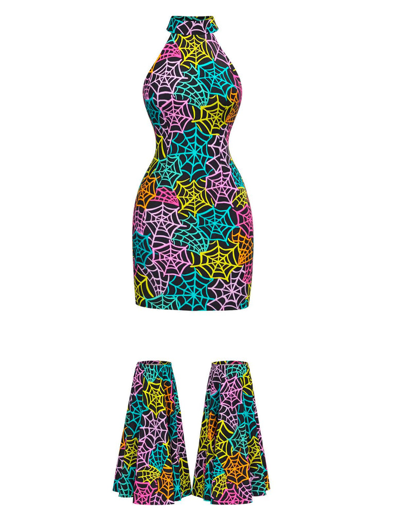 [Vorverkauf] Multicolor 1960er Regenbogen Spinnennetz Halter Enges Kleid
