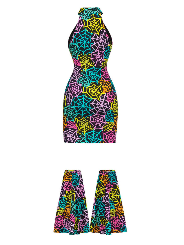 [Vorverkauf] Multicolor 1960er Regenbogen Spinnennetz Halter Enges Kleid