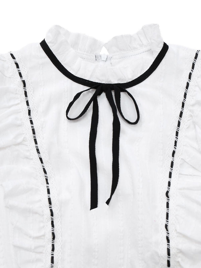 [Vorverkauf] 1930er Baumwolle Rüschen Kragen Bogen Tie Gingham Jumpsuit