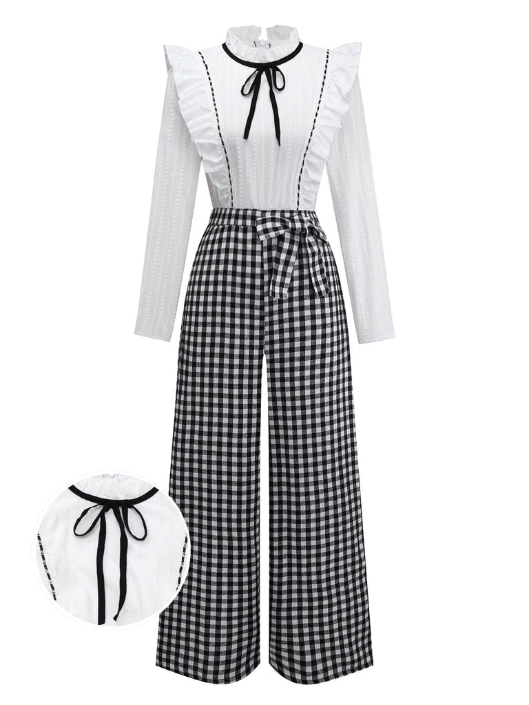 [Vorverkauf] 1930er Baumwolle Rüschen Kragen Bogen Tie Gingham Jumpsuit