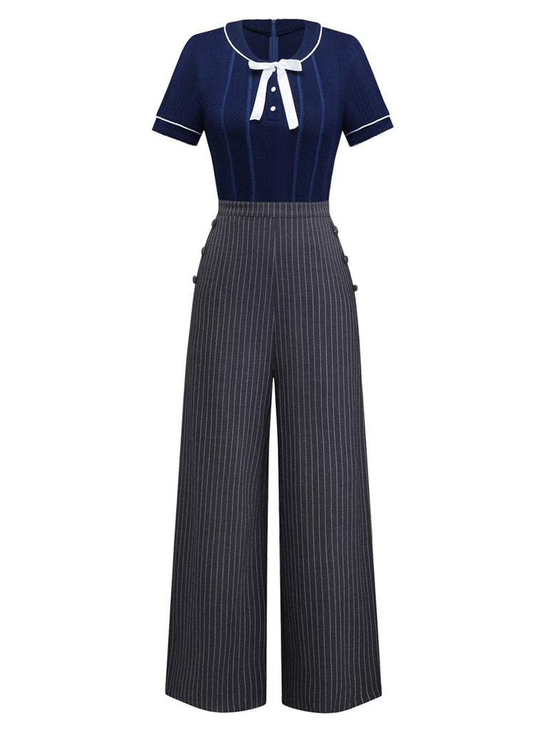 [Vorverkauf] Blau 1960er Matrosenkragen Stricken Spitze jumpsuit