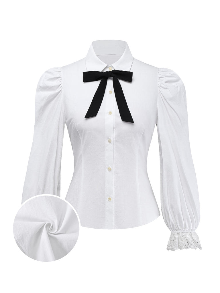 Weiß 1960er Puffärmel Bogen Tie Bluse
