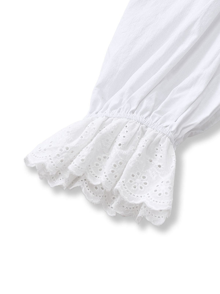 [Vorverkauf] Weiß 1960er Puffärmel Bogen Tie Bluse