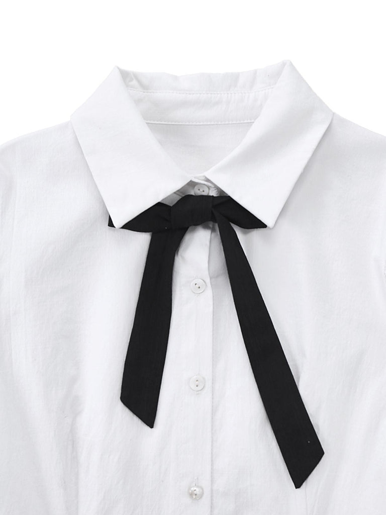 [Vorverkauf] Weiß 1960er Puffärmel Bogen Tie Bluse