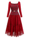 [Vorverkauf] Rot 1940er Plaid Netz Patchwork Schulterfrei Kleid
