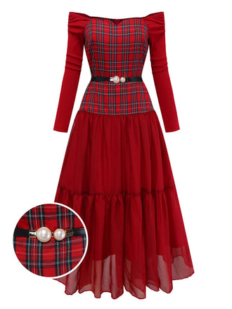 [Vorverkauf] Rot 1940er Plaid Netz Patchwork Schulterfrei Kleid