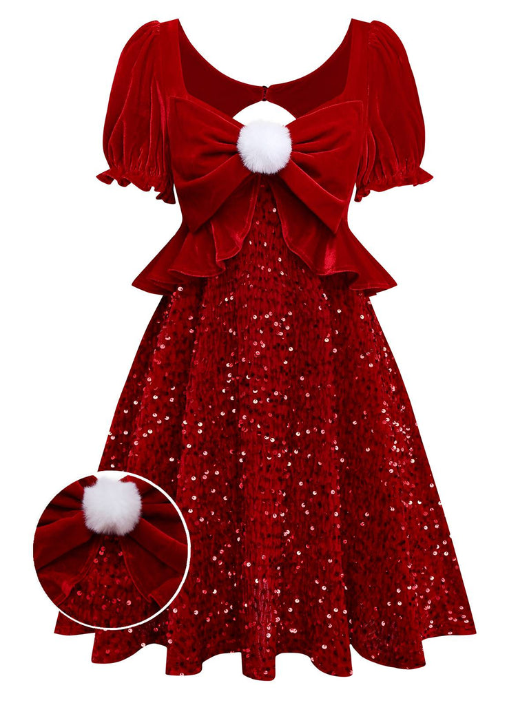 [Vorverkauf] Rot 1980er Paillette Bogen Puffärmel Babydoll Kleid